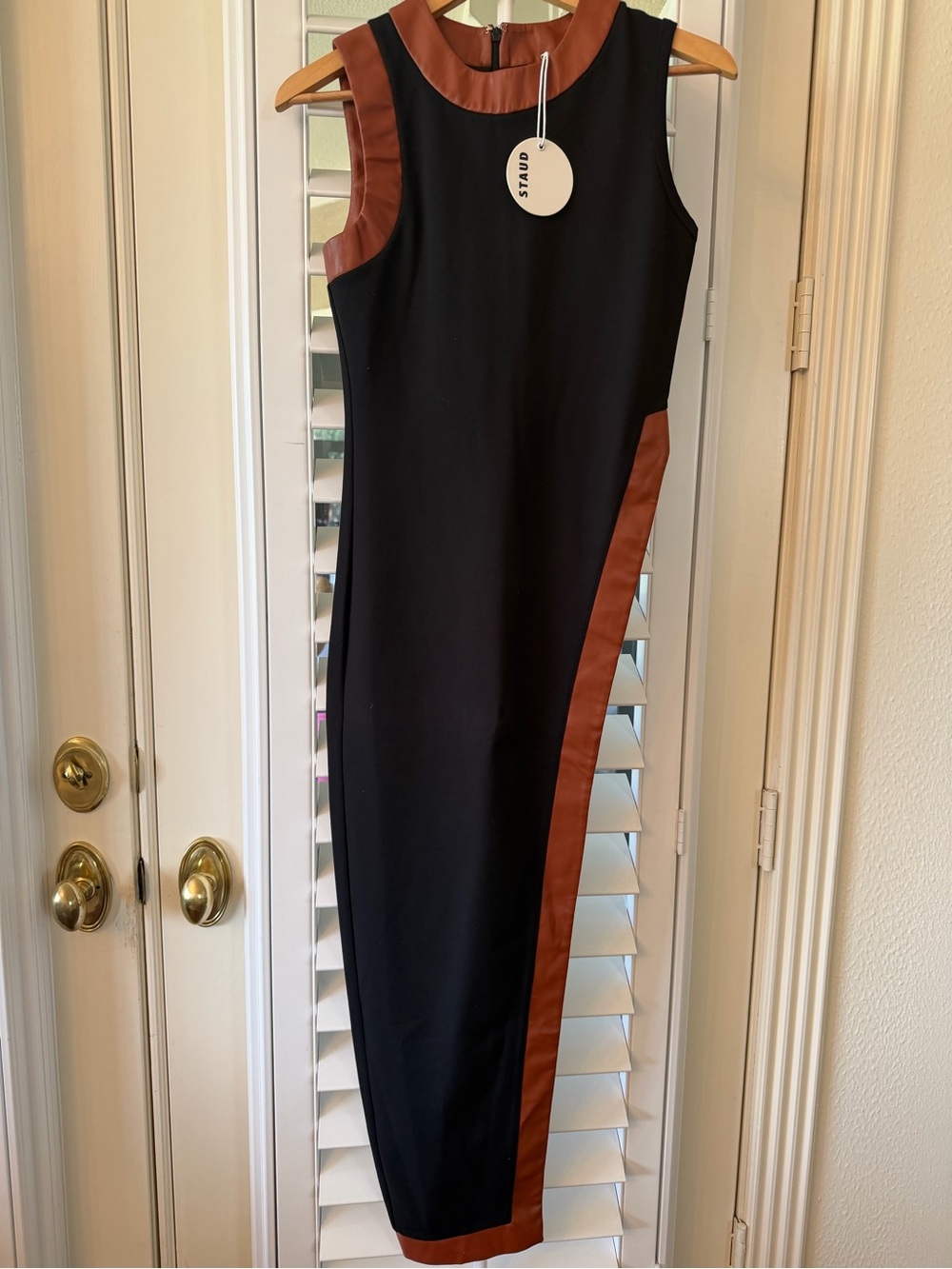 STAUD  2-pc Black Asymmetrical Dress and Pants with Brown Trim -